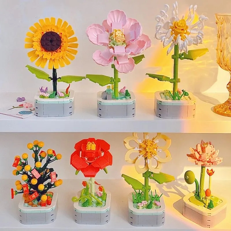 ของเล่นตัวต่อ เลโก้ 3D กระถางดอกไม้ ดอกกุหลาบ ดอกทานตะวัน ของขวัญ สําหรับตกแต่งบ้าน
