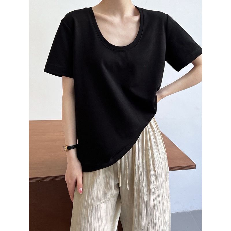 Proudly T-shirt เสื้อยืดคอยูใหญ่ดีเทล ทรงหลวมงานผ้ายืดcotton ยูนิโคลผ้ายืดตามตัว