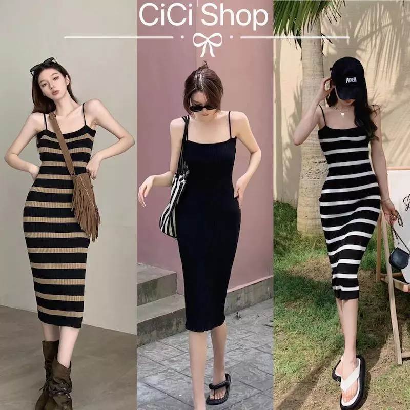 Cicishop(M060)เดรสยาวสายเดี่ยวไหมพรม ผ้าร่อง สไตล์ผู้ดีอังกฤษ สวยหรูดูแพง