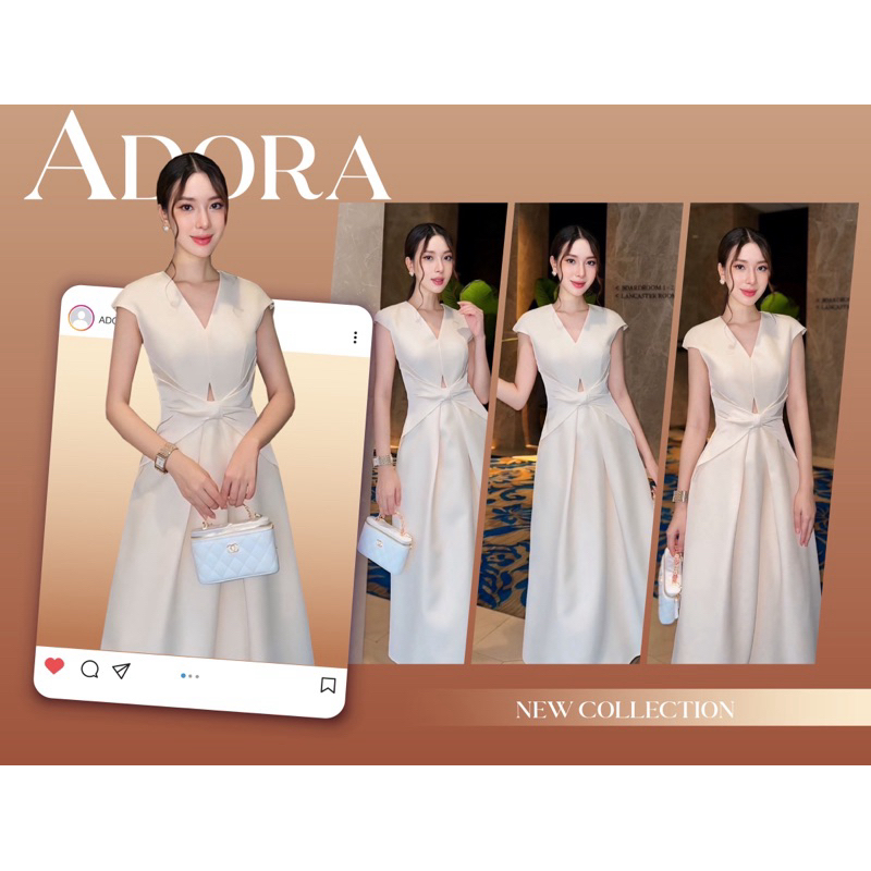 เดรสทรงเข้ารูป เดรสสีครีม งานป้าย Adora