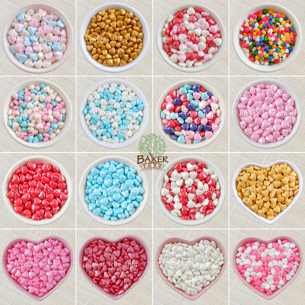 เม็ดน้ำตาลแต่งขนม รูปหัวใจ ทานได้ สีสวย ขนาด 25 / 50 / 100 กรัม น้ำตาลแต่งเค้ก Sugar Sprinkles ของตกแต่งเค้ก