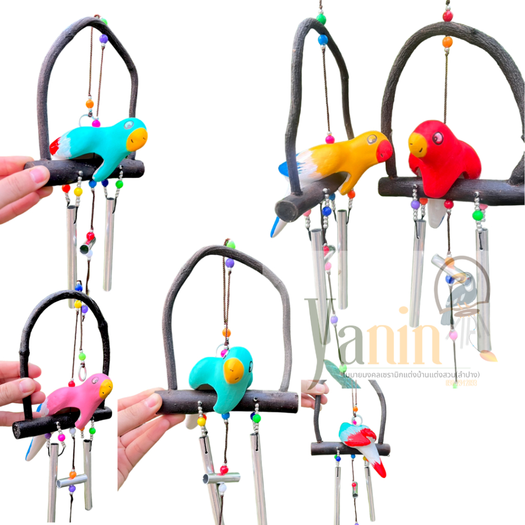 โมบายแขวนกระดิ่งลม ตุ๊กตาเซรามิกนกแก้ว โมบายแขวน สองเเท่ง(พร้อมส่ง)คละสี