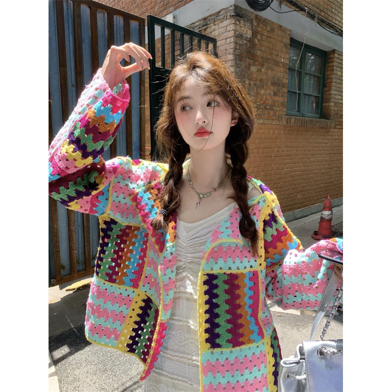 CHERISH (พร้อมส่ง) เสื้อคลุม แขนยาว คัลเลอร์ฟูล สีสายรุ้ง ผ้าไหมพรม งานถัก คุณภาพงานป้าย