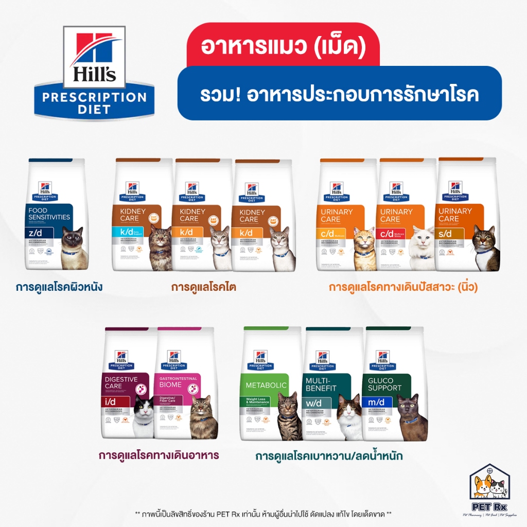 Hill's [แท้ ] อาหารแมวประกอบการรักษาโรค (เม็ด) z/d | k/d | c/d | s/d | i/d | GI Biome | Metabolic | w/d | m/d