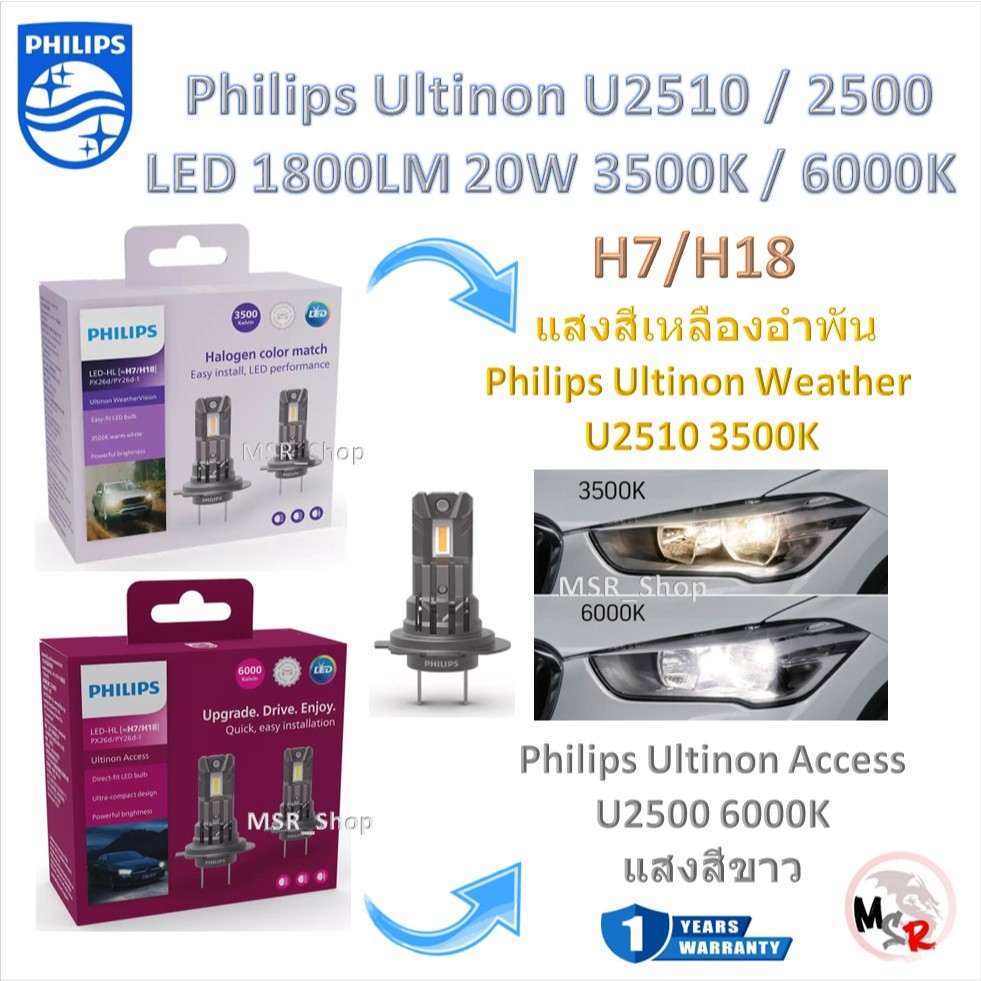 Philips หลอดไฟหน้ารถยนต์ LED Ultinon Weather Vision U2510 3500K / Access U2500 6000K 1800LM H7/H18