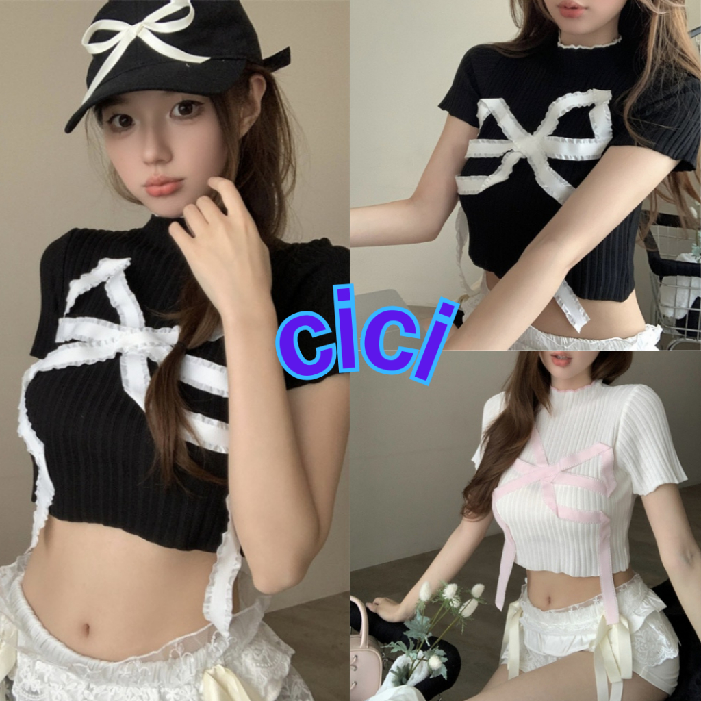 Cici(E083)เสื้อแขนสั้นไหมพรมผ้าร่อง คอกลม แต่งโบว์ด้านหน้า น่ารักคิคุอาโนเน๊ะ