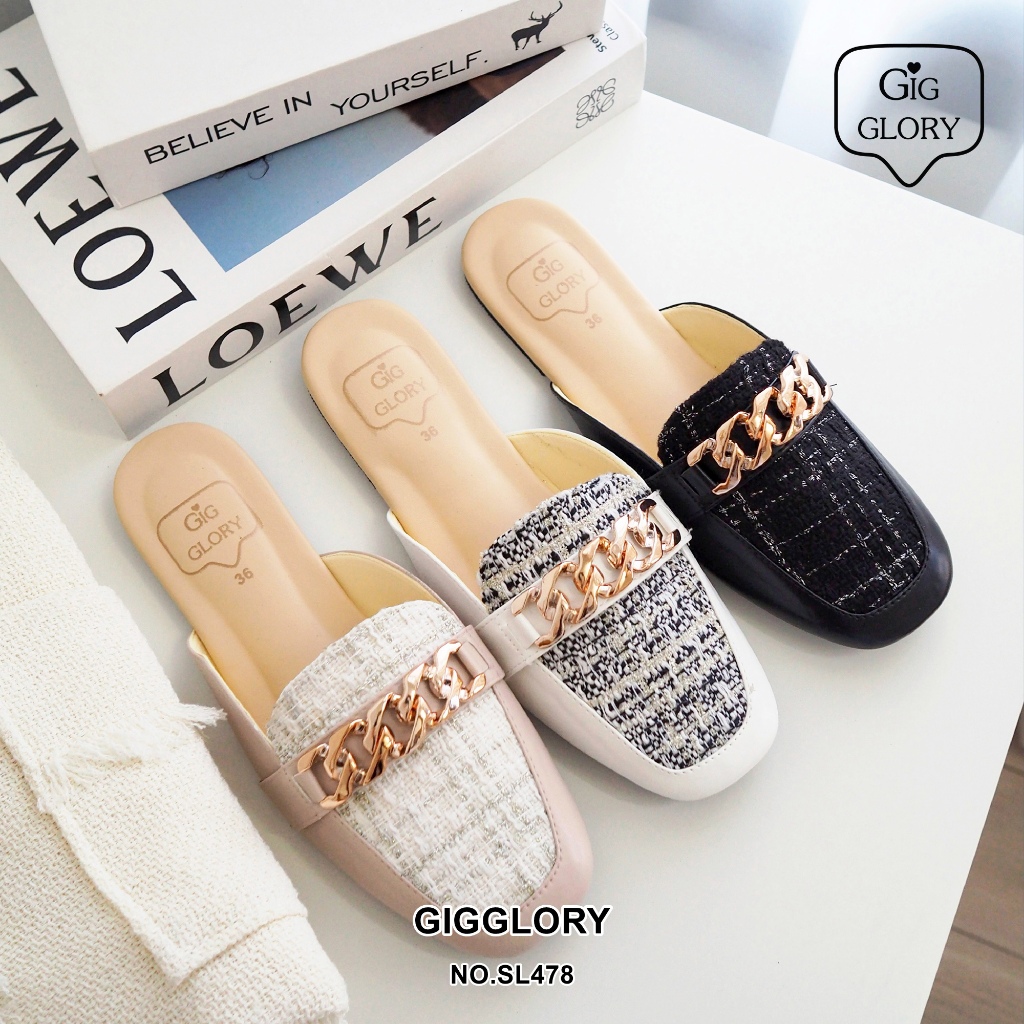 🌷 รองเท้าเปิดส้น แต่งผ้าทวิต+อะไหล่สีทอง (NO.SL478)
