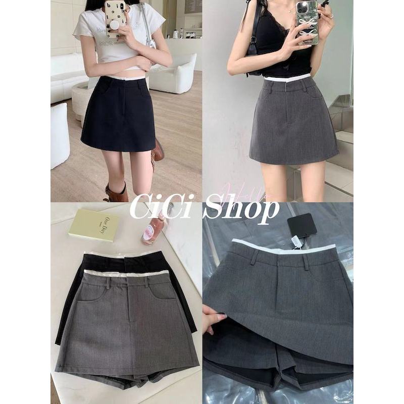 Cicishop(New3018)กรโปรงกางเกงสั้นทรงเอ ดีเทลแต่งขอบกระเป๋าสามารถใช้งานได้จริง สไตล์ฝรั่งเศษ