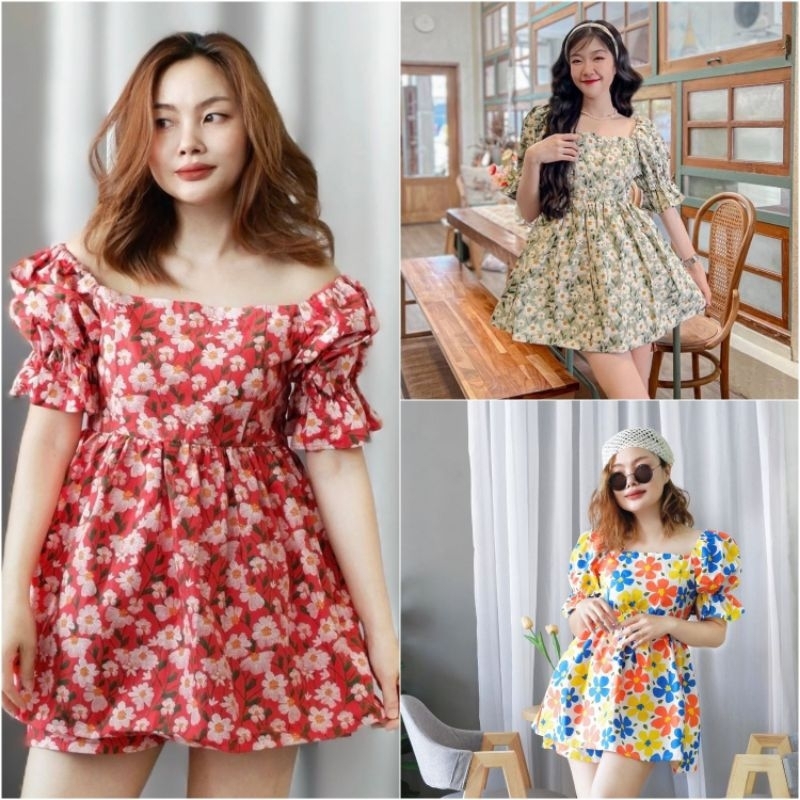 ชุดเซ็ท เสื้อ+กางเกงขาสั้น+สายผูกลายดอกไม้สดใสรับซัมเมอร์