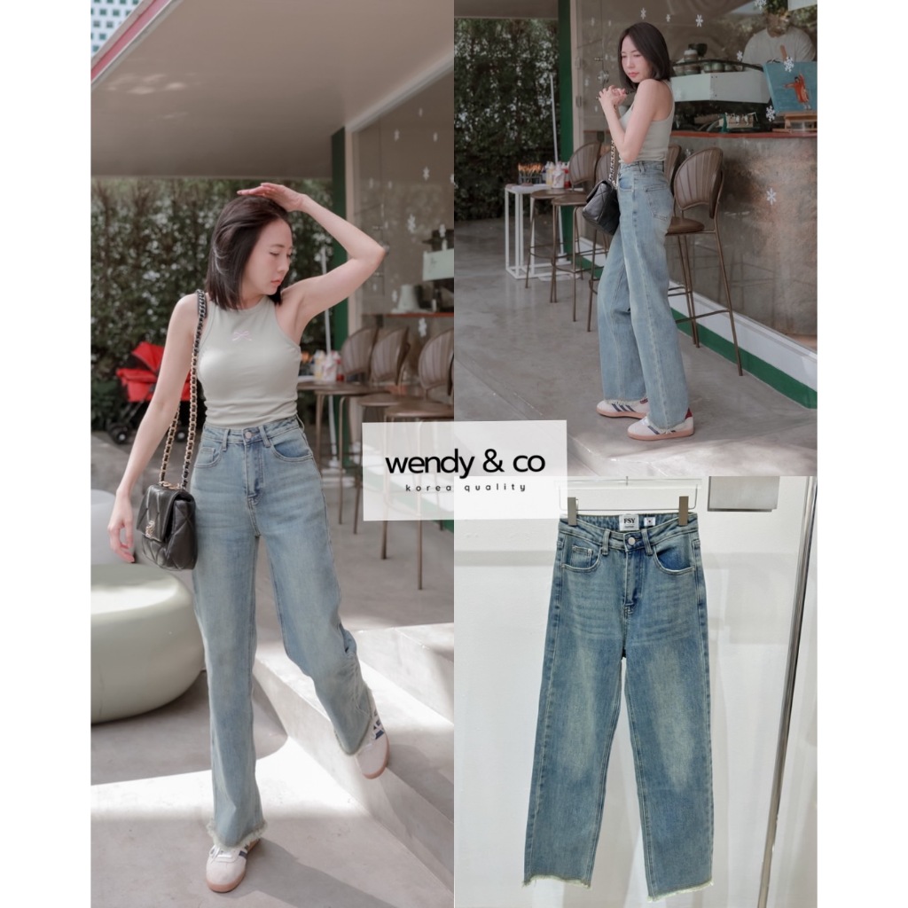 Wendy & co กางเกงยีนส์ขากระบอกทรงตรงแต่งชายรุ่ย  ฟอกสีสวยหรูดูโคเรีย CARDIGAN_NSTA