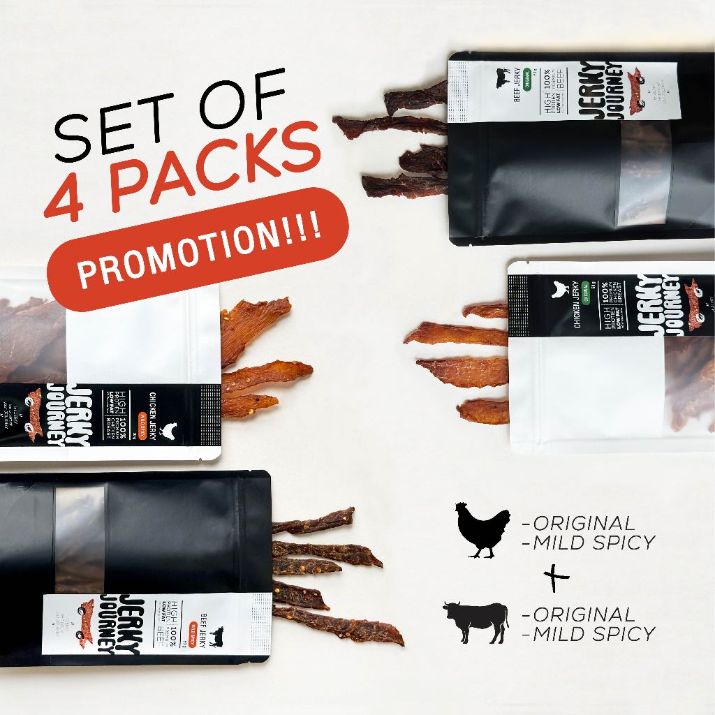 โปร 4 ชิ้น BEEF JERKY 2 รส และ CHICKEN JERKY 2 รส เนื้อเจอร์กี้ เนื้อเจอกี้ เนื้อแห้ง เนื้อวัวอบแห้ง อกไก่อบแห้ง