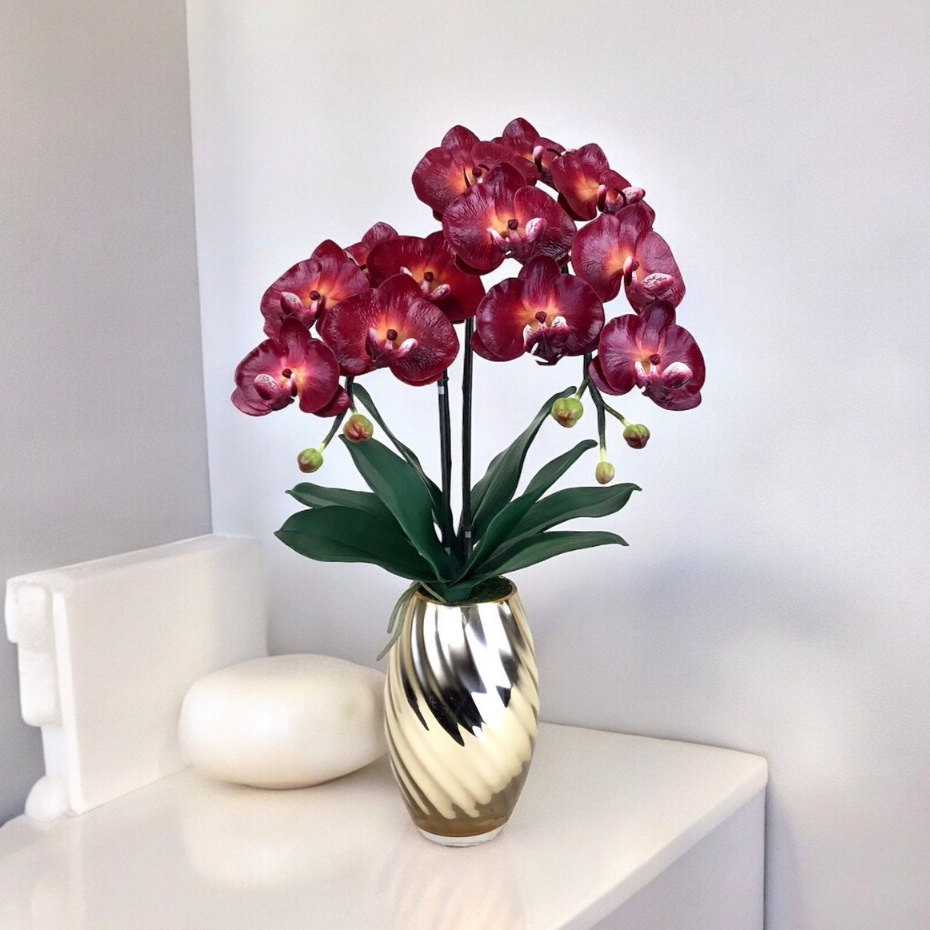 แจกันดอกไม้ปลอมแต่งบ้าน ดอกไม้ประดิษฐ์ กล้วยไม้สีแดงพร้อมแจกัน