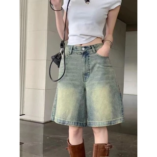 Korean กางเกงครึ่งขา รูปทรงเท่ สไตล์เกาหลี ผ้ายีนส์แท้ ฟอกสีอ่อน ใส่ได้ทั้งหญิงและชาย J040