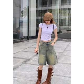 Korean กางเกงครึ่งขา รูปทรงเท่ สไตล์เกาหลี ผ้ายีนส์แท้ ฟอกสีอ่อน ใส่ได้ทั้งหญิงและชาย J040