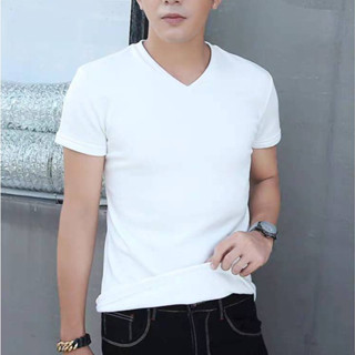 เสื้อยืดผู้ชายสีพื้นแขนสั้นคอวีผ้านุ่มใส่สบายราคาถูก Man