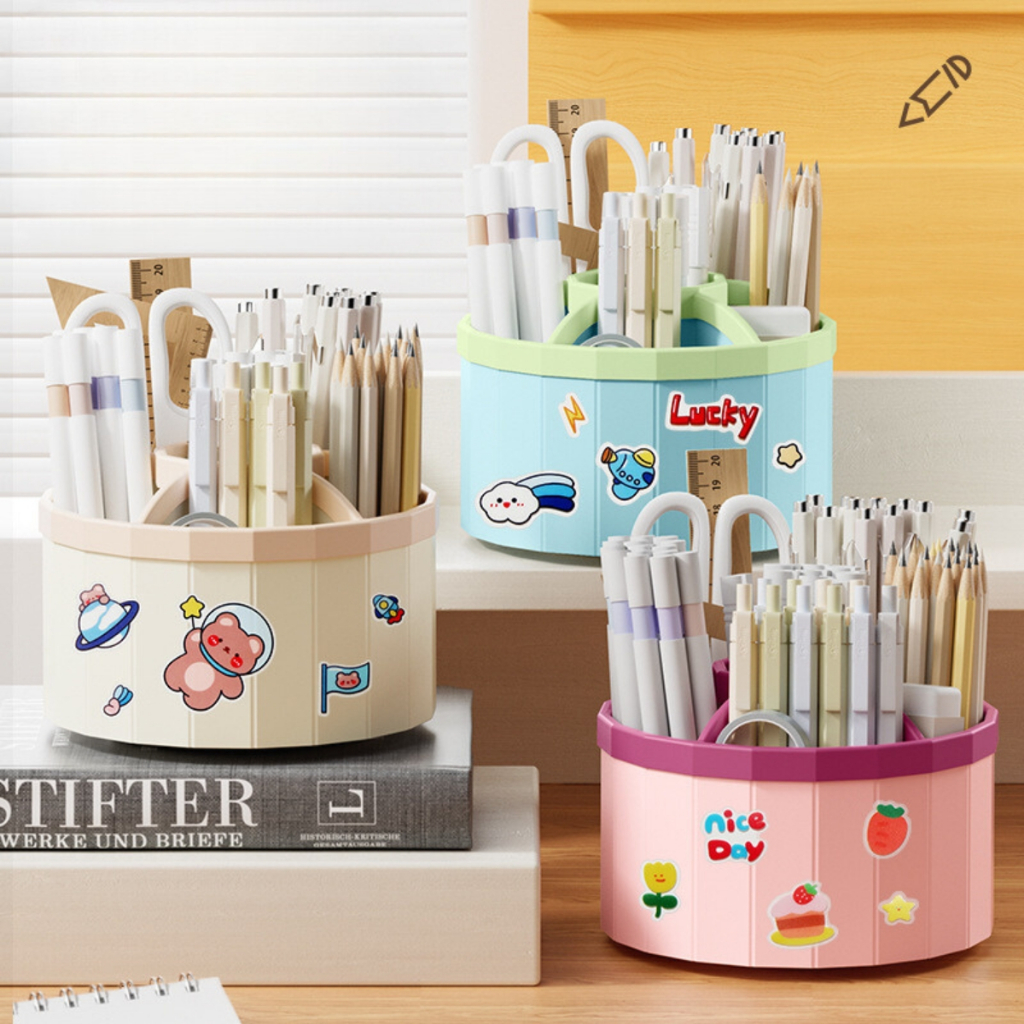 ที่ใส่ปากกาหมุนได้ 360องศา สไตล์เกาหลี 6ช่อง แถมสติ๊กเกอร์การ์ตูนน่ารัก/BOX-020