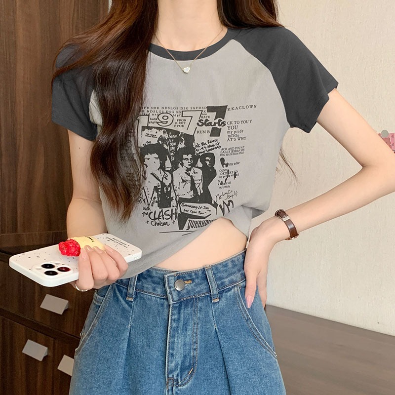 เสื้อครอปน่ารักสไตล์เกาหลี เสื้อผ้าสาวอวบแฟชั่น เสื้อยืดสวยๆผู้หญิงฤดูร้อนใหม่ เข้ารูปทรง สกรีน พิมพ์ลายวินเทจ กําลังฮิต ราคา ถูกที่สุด ดีลบีเคเค แกลเลอรีภาพที่ 9