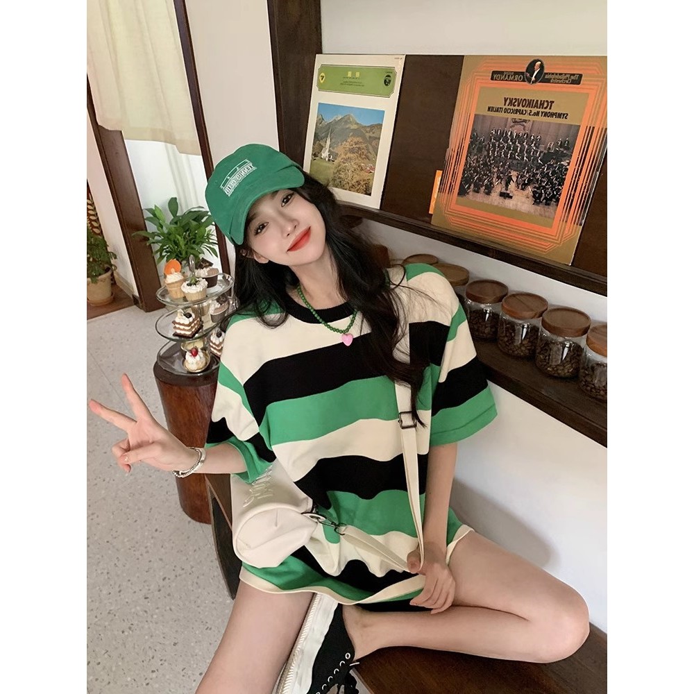 เสื้อยืดลายทางสวยๆผู้หญิงฤดูร้อนใหม่ Oversize เสื้อผ้าแฟชั่นวัยรุ่น เสื้อเสื้อโอเวอร์ไซต์แขนสั้นแบบหลวมสไตล์เกาหลี XXL - รูปที่ 5