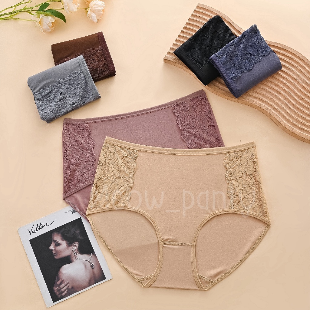 (ส่งจากไทย )กางเกงในผ้าลื่นสาวอวบ เอวสูง แต่งระบายลูกไม้ คุณภาพเทียบห้างเย็นสบายระบายอากาศได้ดี