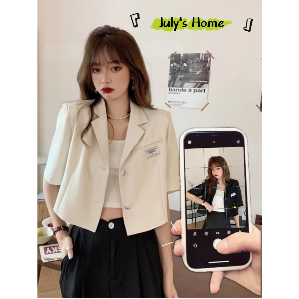 เสื้อครอปสูทแขนสั้น สไตล์เกาหลี เสื้อเบลาส์ เสื้อเบลเซอร์ คอปก ผ้าดีสวมใส่สบาย #J2165