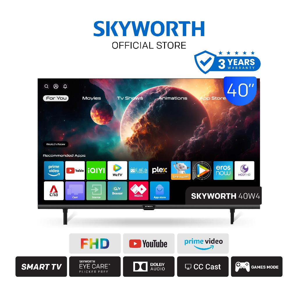 [รับประกัน 3 ปี + ส่งฟรีไม่มีขั้นต่ำ] SKYWORTH 40 นิ้ว Smart TV รุ่น 40W4 คมชัด Full HD รองรับ WIFI Youtube Browser