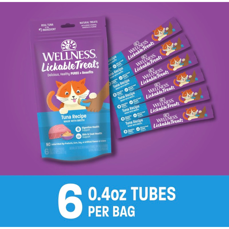 *พร้อมส่ง ขนมแมวเลีย บำรุงลำไส้บำรุงขน รสทูน่า 1 ถุงมี 6 ซอง Wellness Lickable Treats Soft Puree Natural Grain Free