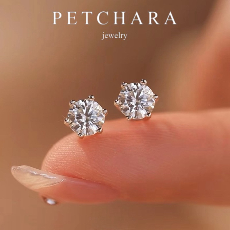 ต่างหูเพชรโมอีส 0.30-2 กะรัต ฝังหกหนามเตย น้ำ109-98 ตัวเรือนเงิน92.5%(D3008）