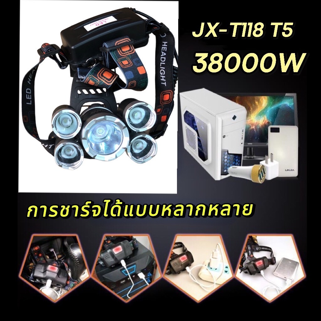ไฟฉายคาดหัว ไฟฉายซูม JX-T118-T6 3800W ส่องกลางคืน ยามฉุกเฉิน กันน้ำ กันฝน