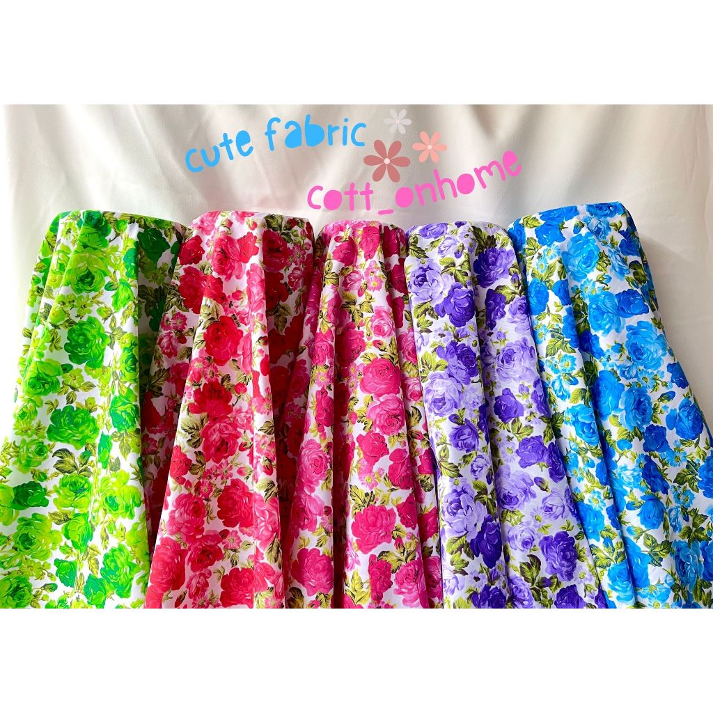 ผ้าเมตร ผ้าหลา ผ้าคอตตอนทีซี ลายดอกกุหลาบ มีหลายสี พร้อมส่ง