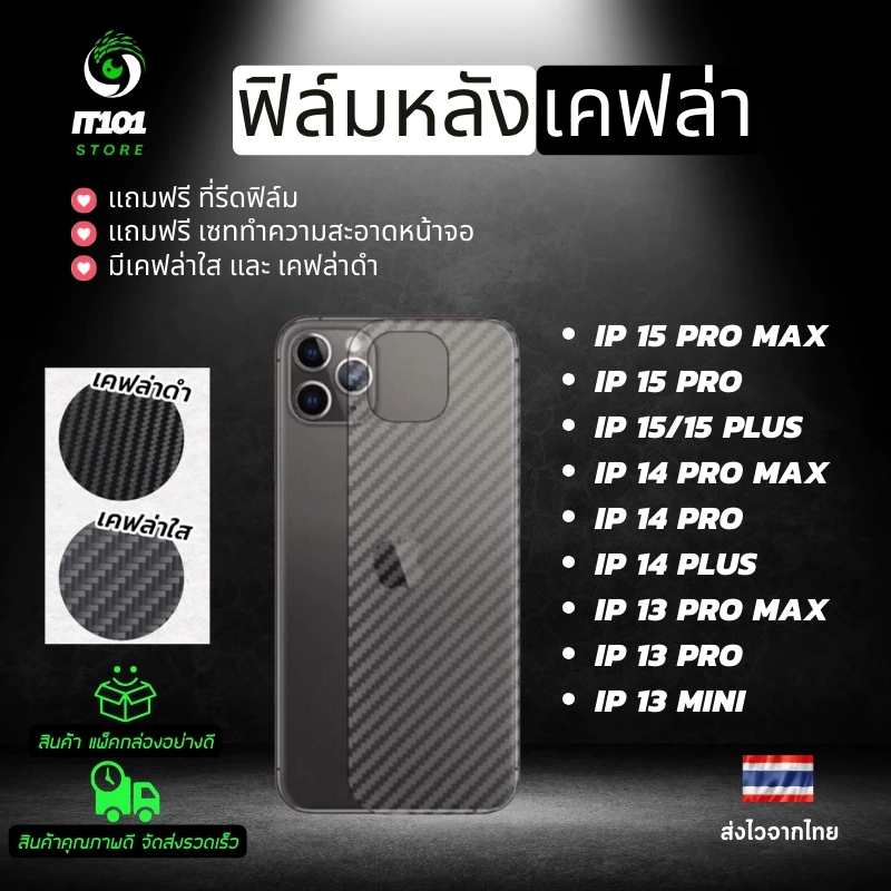 ฟิล์มหลังเคฟล่า สำหรับรุ่น iPhone 16 Pro Max,16,15 Pro Max,14 Plus,13 Pro Max,13 Mini,12 Pro Max,13,14 Pro,13 Pro,12 Pro