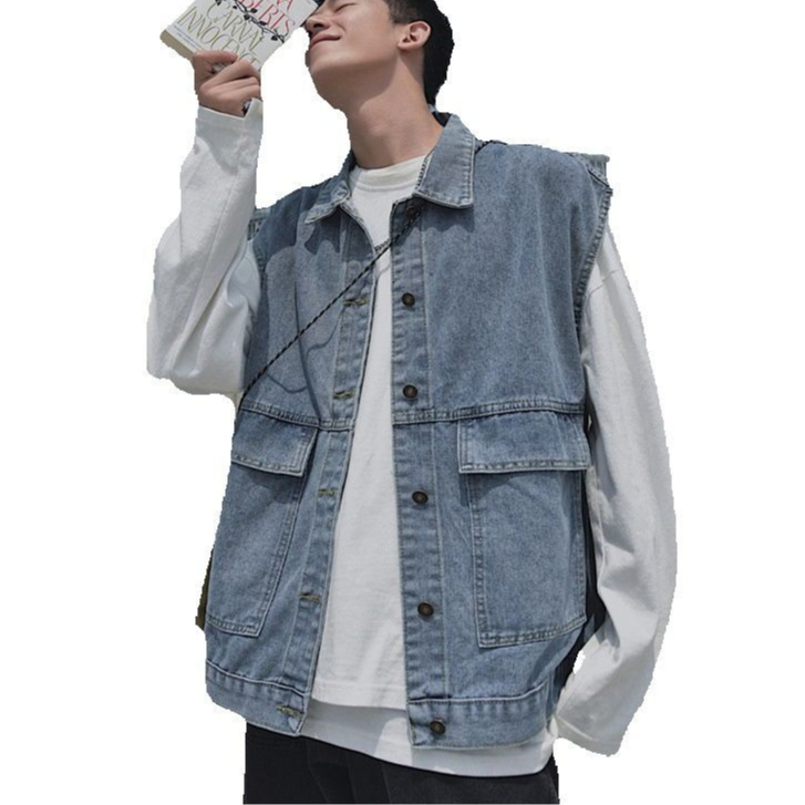 leo.man แจ็คเก็ตยีนส์ แขนกุด เสื้อกั๊ก ทรงหลวม กระเป๋าใหญ่ ผู้ชาย รุ่น M8800