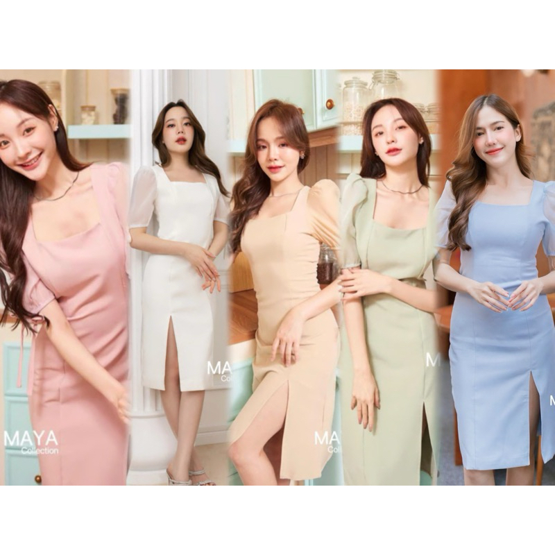 G090 มาเพิ่ม s-2xlชุดเดรสออกงานน่ารัก เดรสแขนพอง s m l xl ชุดเดรสน่ารักๆผูกโบว์ที่แขน