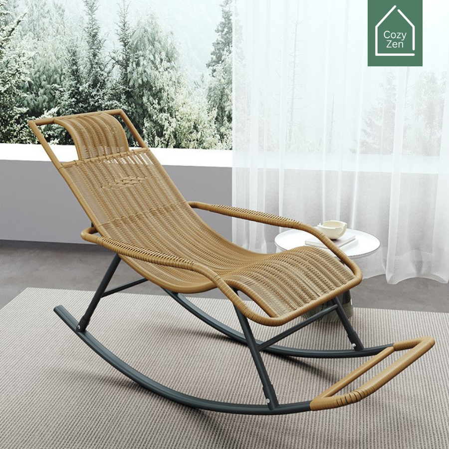 CozyZen เก้าอี้หวายโยก สามารถรับน้ำหนักได้ 120 กก. สีน้ำตาลแดง/ดำ/ทอง วัสดุหวายเทียม Rocking chair