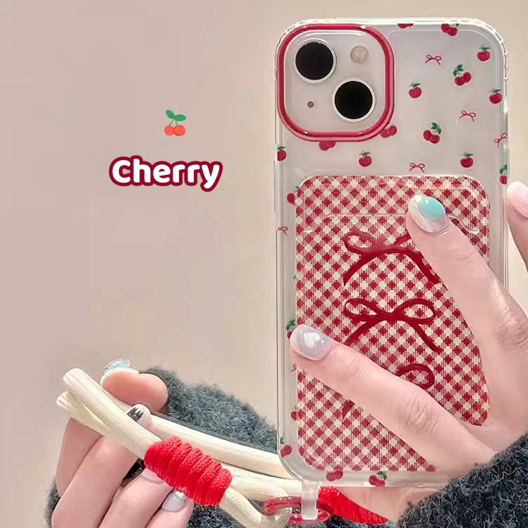 จัดส่ง24ชม iPhone 15 14 13 12 11 Pro max case for เคสไอโฟน15 บางเบาพกพาง่าย การ์ตูน เชอร์รี่ โบว มีช่อง เชือกคล้อง case