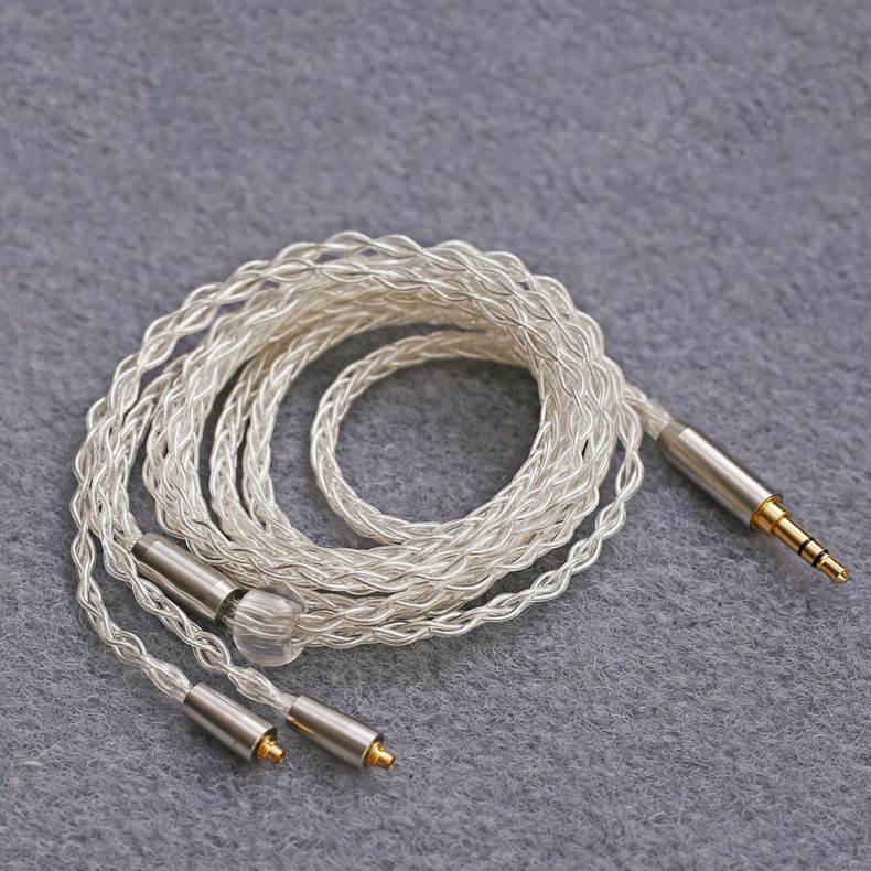 สายหูฟังสำเร็จ สายถัก 8 เส้น ชุบเงิน ปลั๊ก 3.5มม. pin MMCX 3.5mm