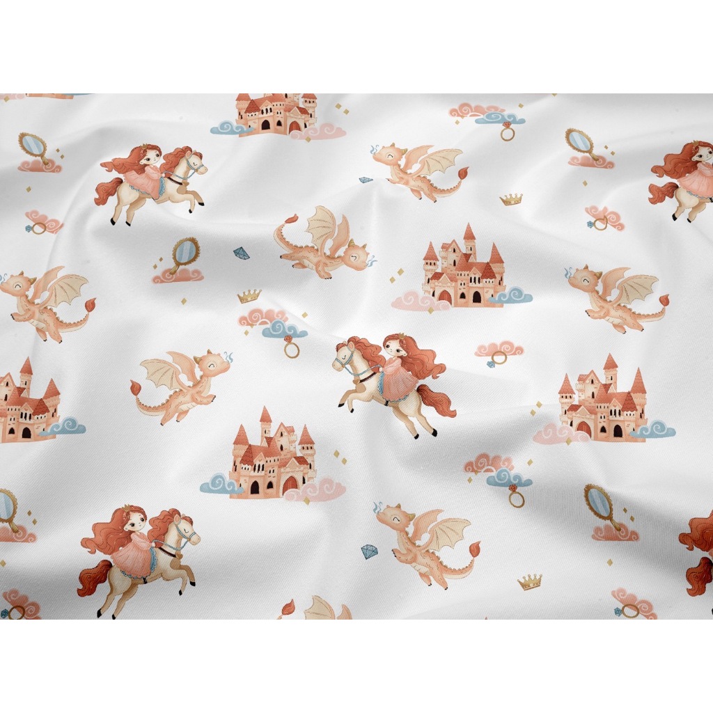 ผ้าคอตตอน 100% ทอทวิล ผ้าเมตร หน้ากว้าง 1.60 เมตร ลายเจ้าหญิงกับรองเท้าแก้ว เจ้าหญิงผมแดง