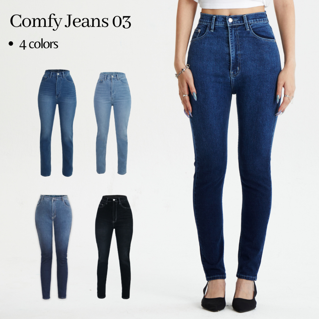 Merge Official - Comfy Jeans 03 4 Colors (พร้อมส่ง) กางเกงยีนส์ผ้ายืด เอวสูง ทรงสกินนี่ 4 สี