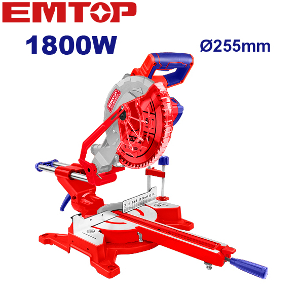 EMTOP แท่นเลื่อยองศา 10 นิ้ว 1800 วัตต์ (แถมฟรี! ใบเลื่อยตัดไม้ 1 ใบ) รุ่น EMSW2180017 ( Mitre Saw )ถูกสุดในตลาด