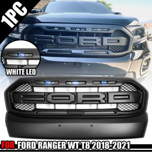 กระจังหน้า มีไฟ LED โลโก้ FORD ดำด้าน รุ่น ฟอร์ด เรนเจอร์ FORD RANGER WILDTRAK ปี 2018 - 2021 สีดำด้าน 1 ชิ้น ไฟขาว