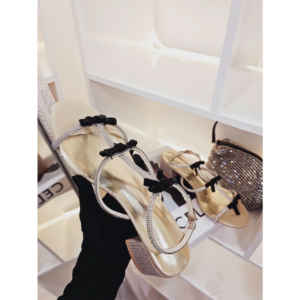 size 34-39 ❌พร้อมส่ง ส่งไว❌รองเท้ารัดส้นเพชร ดีเทลโบว์ดำ เพชรวิ้งค์ สูง 1.5 นิ้ว งานตามหา