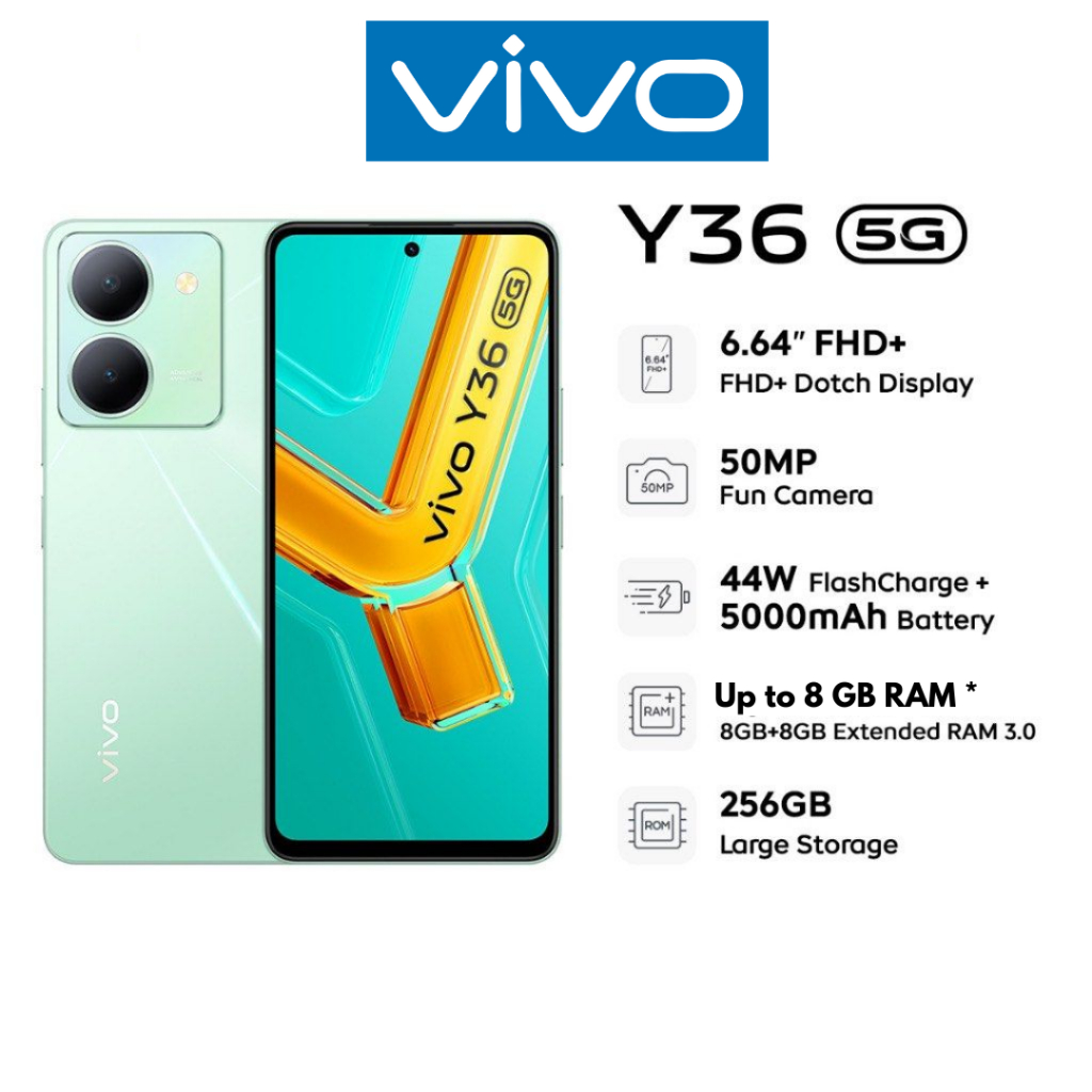 Vivo Y35 &amp; Y36 5G สมาร์ทโฟน (8RAM+256GB ROM/44W FlashCharge/5000mAh/50MP Fun Camera/6.64" FHD+ Datch Display)