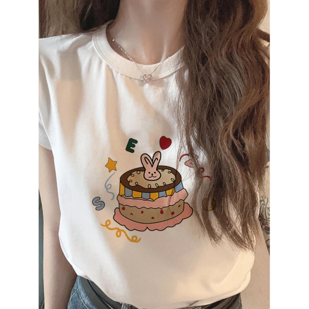 yout-trend เสื้อยืดผู้หญิง ทรงหลวม พิมพ์ลายมินิมอลหมีน่ารัก แฟชั่นเกาหลี ผ้าคอตตอนไม่ยืดไม่ย้วยนุ่มๆ