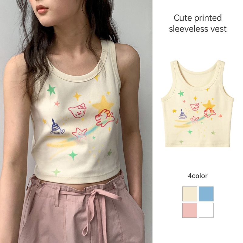 ภาพวาดสีน้ำมันน่ารักพิมพ์เสื้อกั๊ก Dopamine Camisole สาวเผ็ดสั้นเสื้อแขนกุด