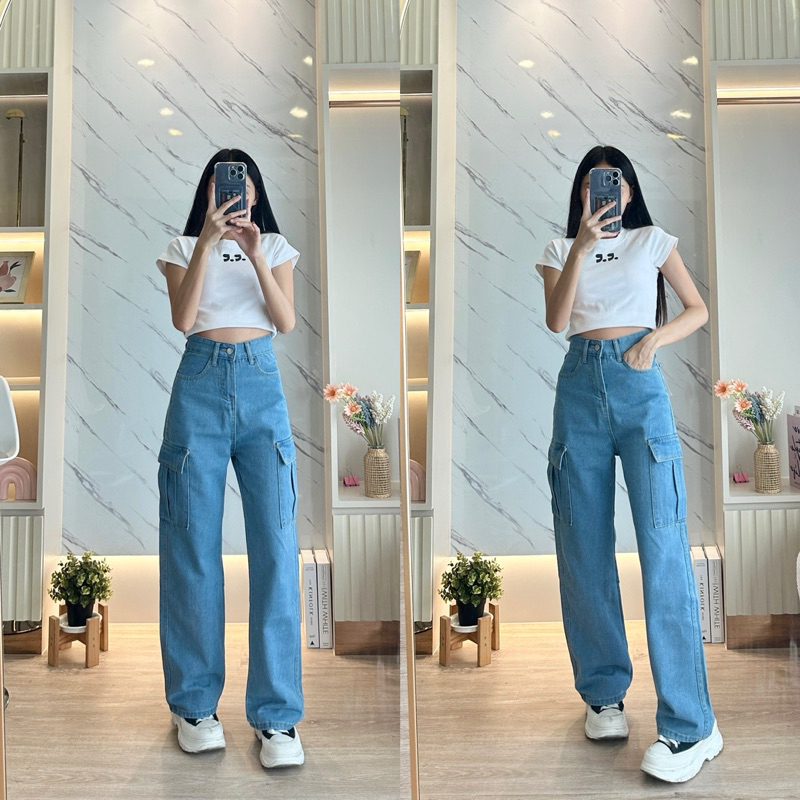 [ B155 ] กางเกงยีนส์คาร์โก้สีบลูยีนส์เอวสูง ผ้าไม่ยืด ชาย-หญิง ใส่ได้