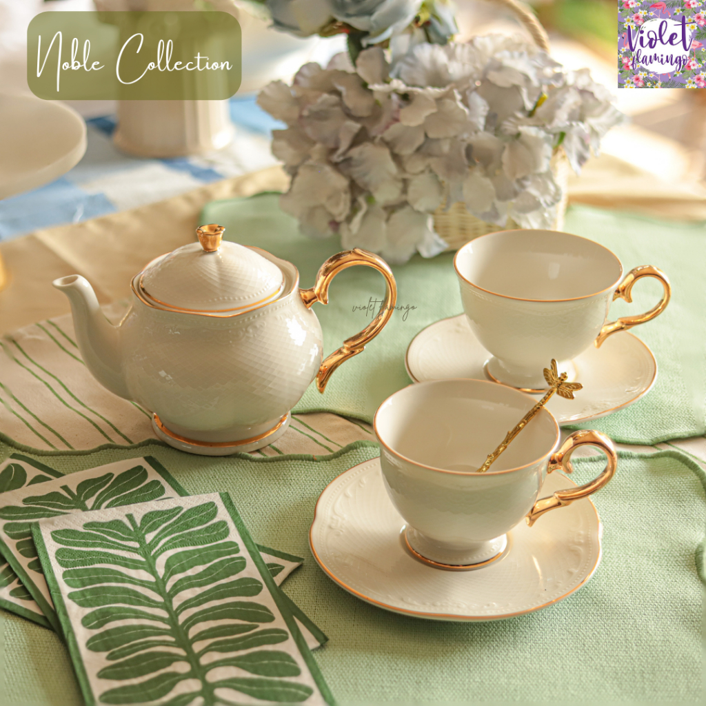 Violet Flamingo ชุดน้ำชา กาน้ำชารุ่น Noble Tea Set สีขาวขอบทอง มือจับทอง สินค้าเกรดส่งออกต่างประเทศ