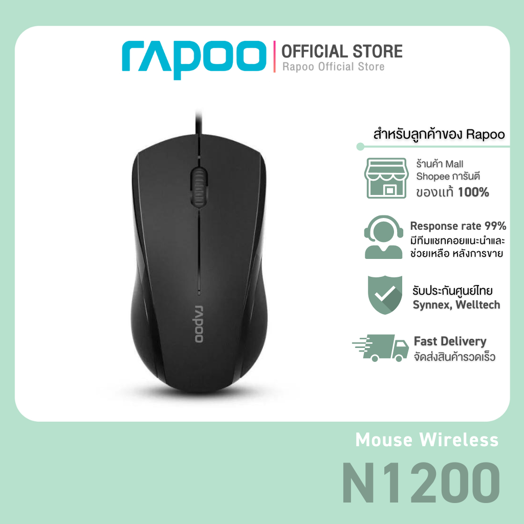Rapoo รุ่น N1200 Wired Optical Mouse Black (MSN1200S-BK)