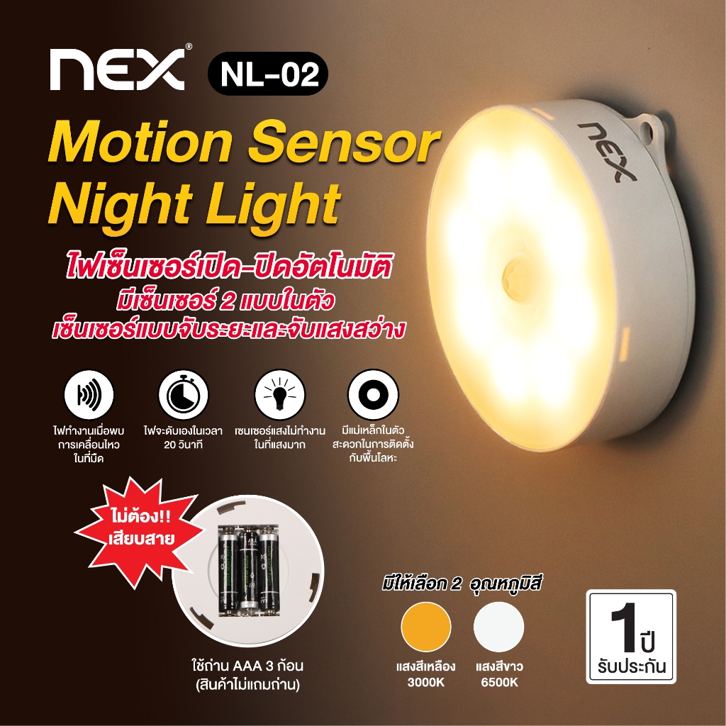 (NL-02) LED Motion Sensor Night Light  ไฟทางเดิน โคมไฟไร้สายแบบใส่ถ่าน ไฟเซ็นเซอร์ เปิด-ปิดอัตโนมัติ มีรับประกัน
