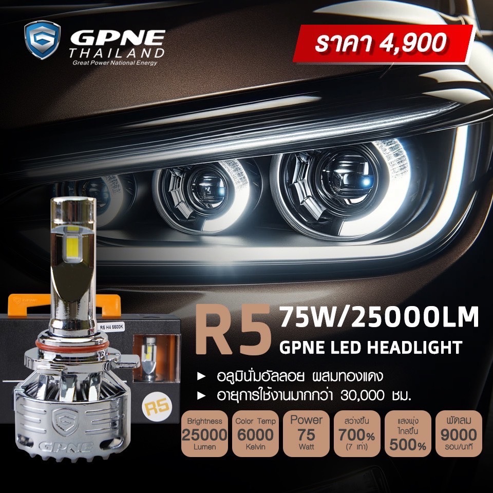 GPNE R5 หลอดไฟหน้ารถยนต์ LED (75w) | ของแท้ 100% รับประกัน 3 ปี