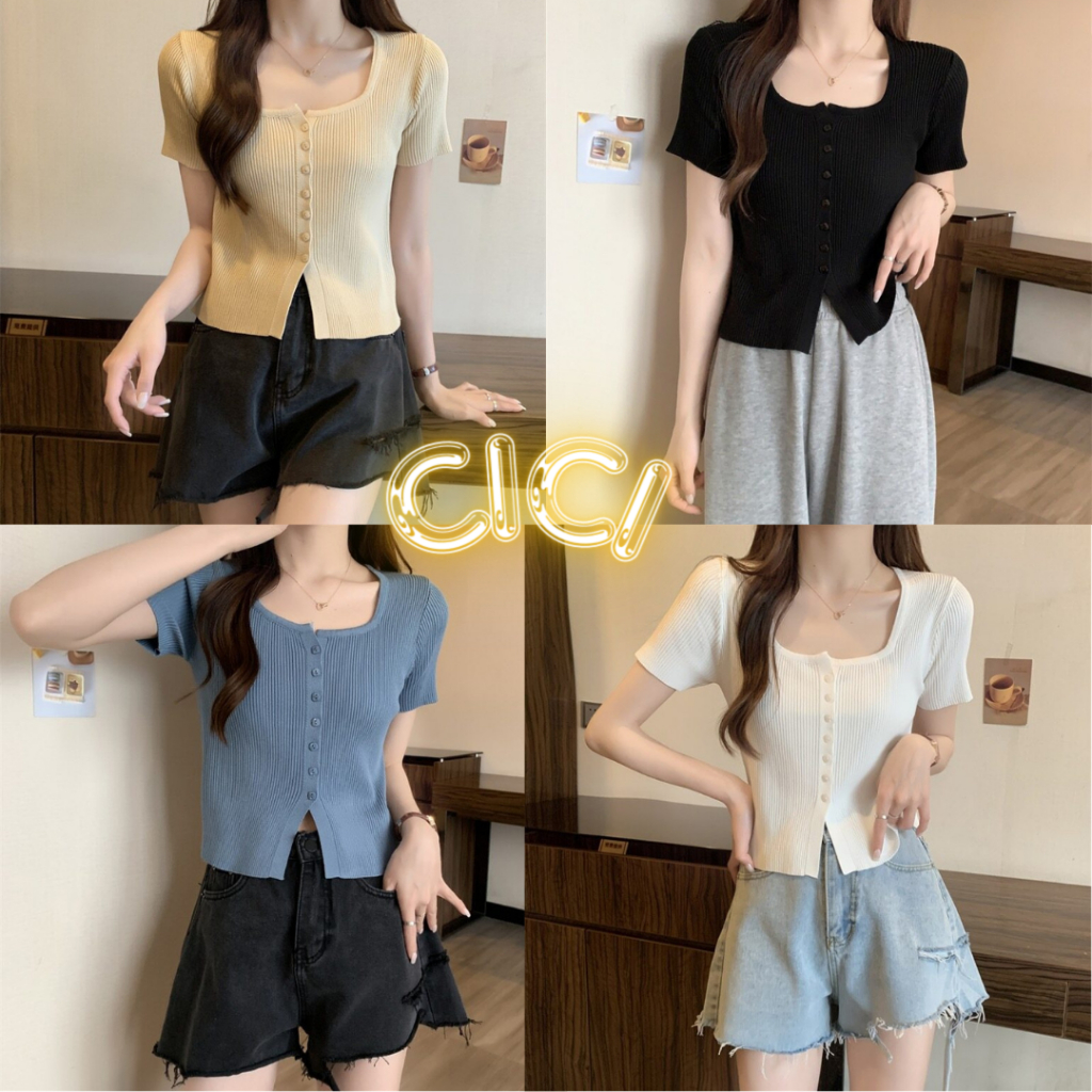 Cici(NO.E275)เสื้อแขนสั้นผ้าร่อง แต่งกระดุมหน้า ใส่ง่ายใส่สบายเข้ากับทุกสไตล์