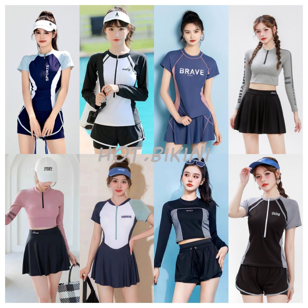 🌸Hot.Bikini  ชุดว่ายน้ำสตรี ชุดว่ายน้ำกีฬา แขนยาว สไตล์ซิป เอวสูงแบบอนุรักษ์นิยม จัดส่งจากประเทศไทย